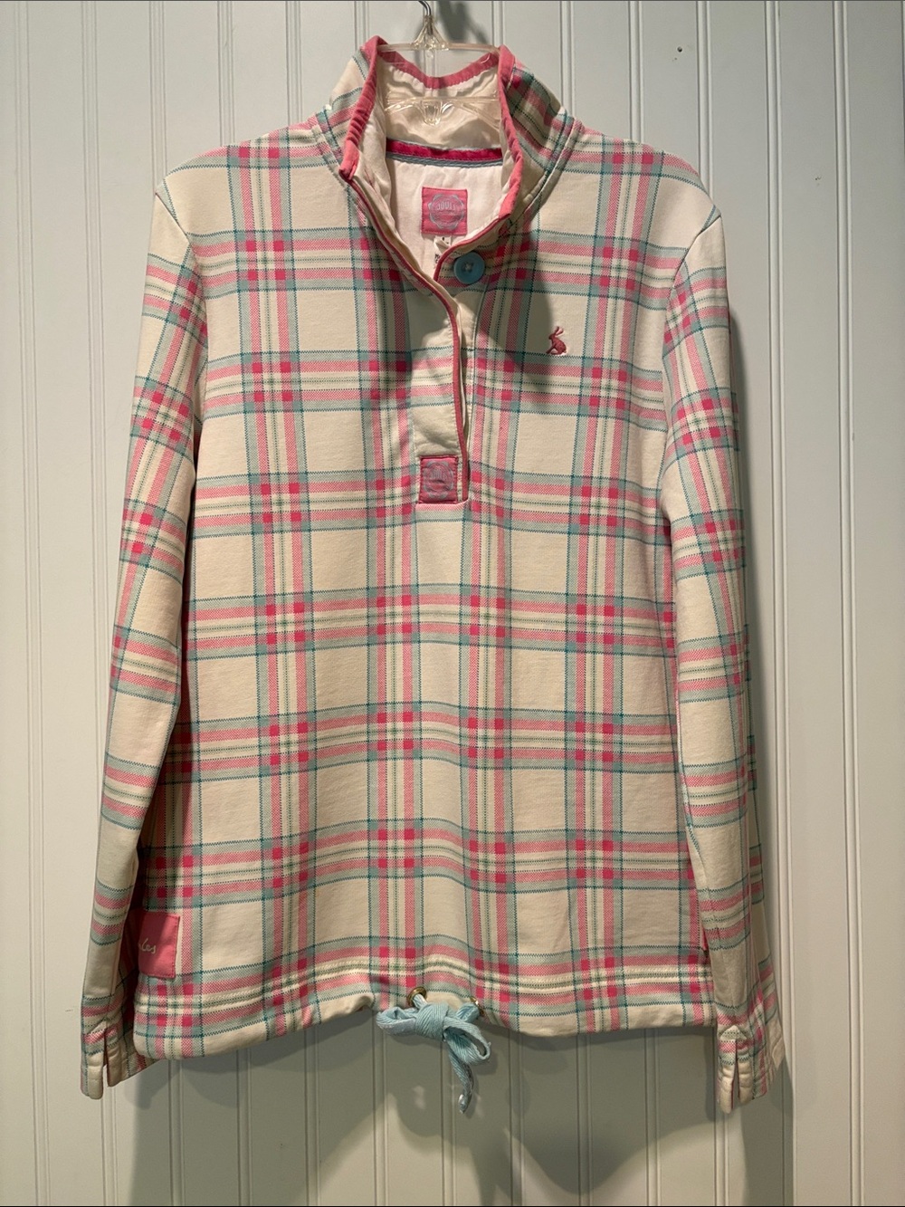 Joules Pink, Teal and Cream Plaid Pullover Top with 1/4 Button Placket Sz 4